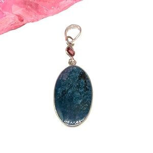Shattuckite & Garnet Necklace Pendant Solid 925 Sterling Silver Oval Stone